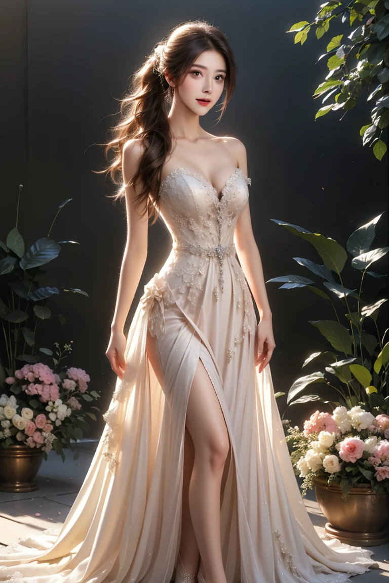 Singapore beauty Hong Lin、Wearing a dress with a large opening、Smile、whole body