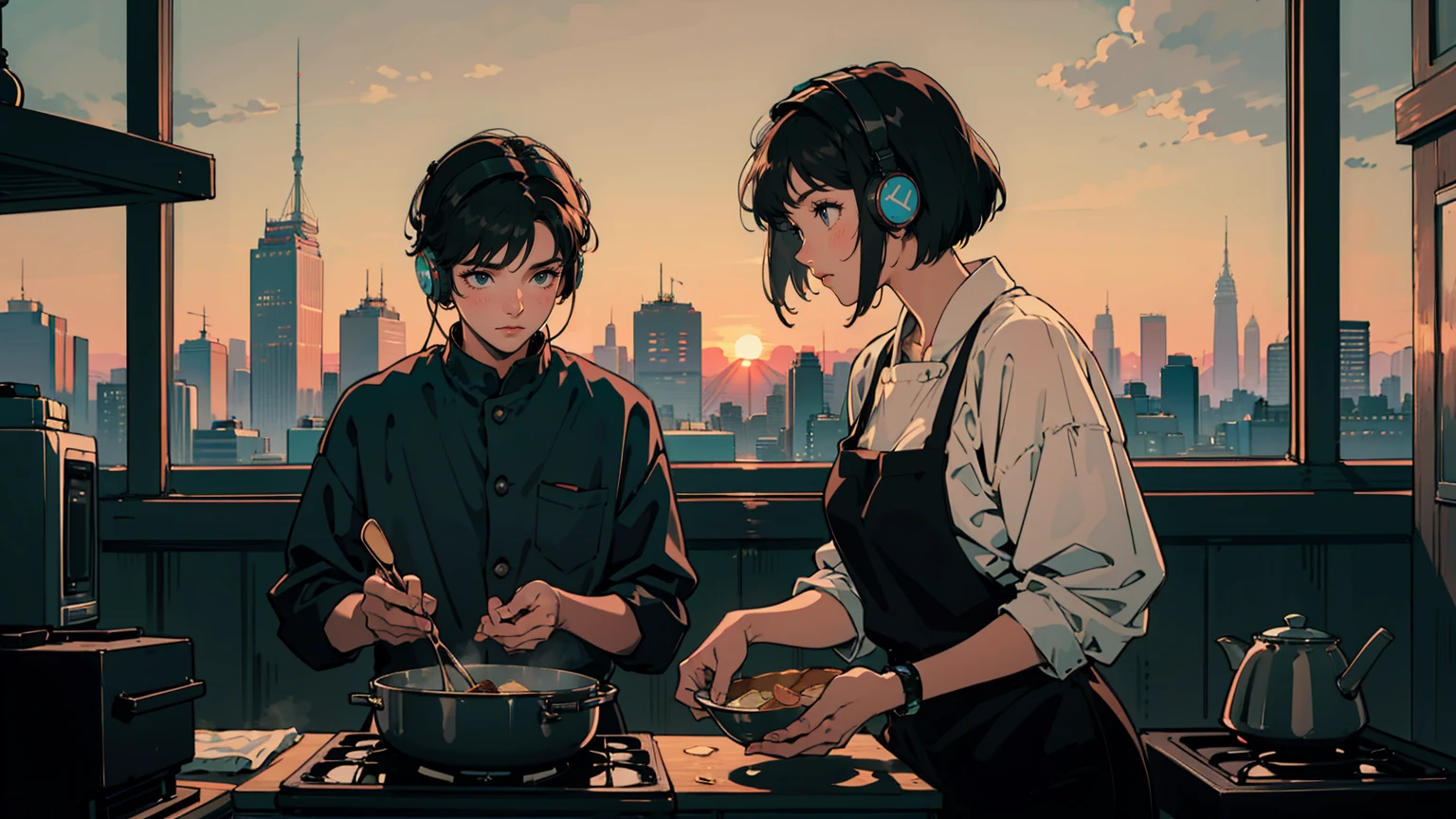 Alone, Quiet, beautiful woman, black eyes, Bob hair, Wearing large headphone, Masterpiece, Kitchen、Cooking pancakes、Alone, Quiet, beautiful woman, black eyes, Wearing large headphone, Masterpiece, Kitchen, Pan, Cooking curry, Good shef, beautiful tokyo view, beautiful tokyo view, beautiful sunset sky