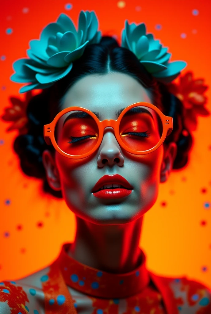 A striking dark fantasy portrait photograph featuring a mysterious woman dressed in a unique and surreal way. She wears round orange sunglasses, her eyes closed, and her red irises reflecting through the lenses. Her bold red lips contrast with her elaborate updo, adorned with large turquoise blue flowers and vibrant coral red accents, drawing the viewer's attention to her striking appearance. The background features a vibrant color gradient, ranging from deep orange to deep red, with confetti-like particles, creating a dynamic and dreamlike atmosphere, while a soft glow highlights the contours of her face, enhancing the dramatic lighting and high-contrast aesthetic.