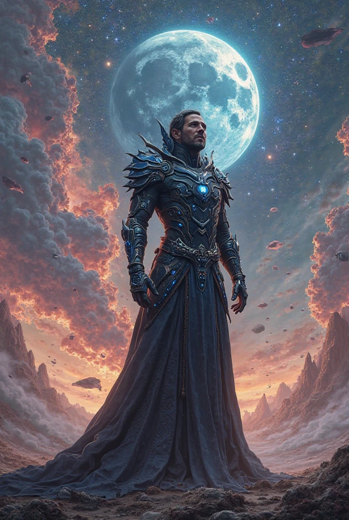 A futurestic wizard standing on a planet with a galaxy background