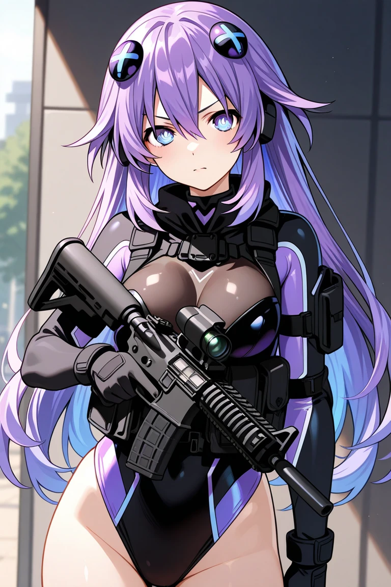 Signal violet hair,Black desert camouflage has the word SCP,being thin,The character wears black-framed glasses,Put your hands in your pockets,Body armor,Cold,Armed men are on standby in the background