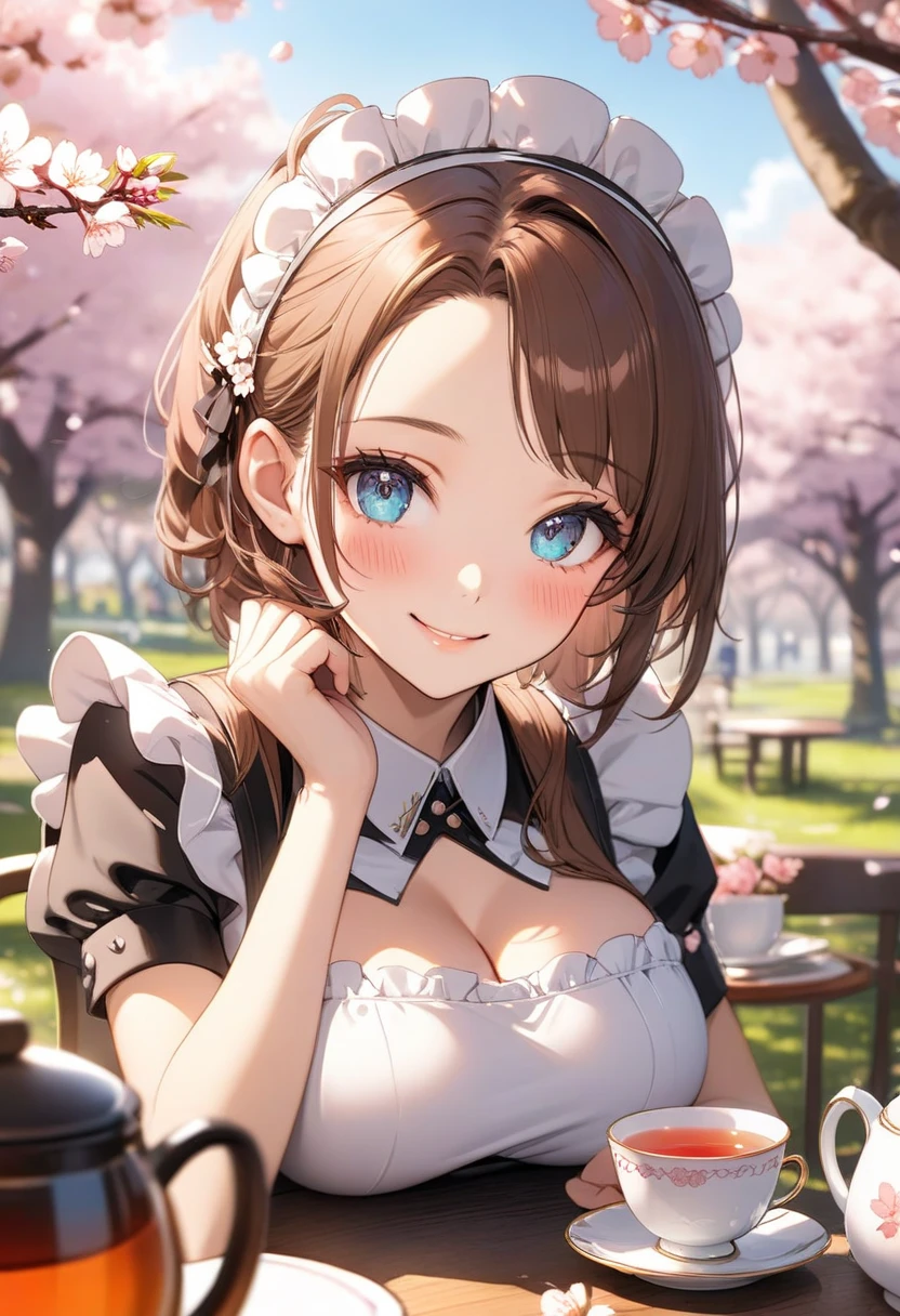 1girl, solo, summer, village, trees, sun, clouds, chestnut hair, side ponytail, huge breasts, french maid dress, dark blue eyes, cleavage 1:3, brown shoes, grin, looking at the viewer, standing, hair ribbon, golden necklate