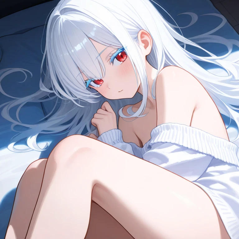 cute girl,not wearing clothes,shy,staring at me,on the bed,masturbating,silver hair,medium long hair,