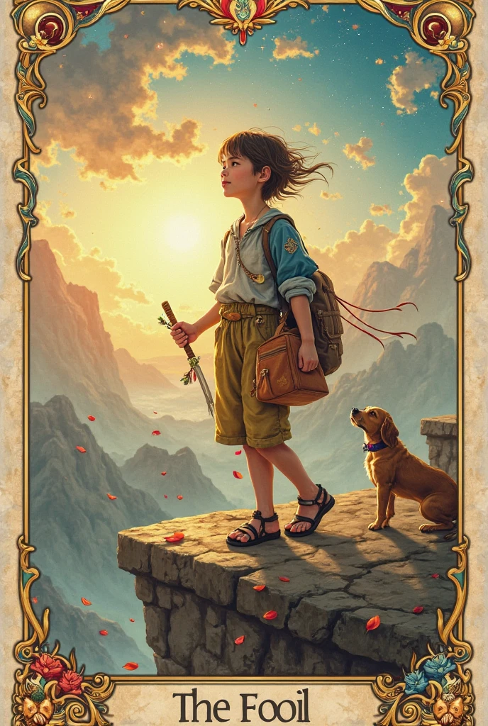 A highly detailed and realistic painting of “The Fool,” featured on a mystical tarot-style card. The figure is a young traveler — possibly male, female, or androgynous — dressed in colorful, slightly mismatched clothes, suggesting innocence, freedom, and eccentricity. They wear a loose tunic or student-style uniform with playful details: a patch on the sleeve, a flower tucked behind the ear, or a charm hanging from a bag. Their expression is bright, curious, and full of wonder, as they gaze upward or forward into the unknown.

The Fool stands at the edge of a cliff, mountain, or rooftop — one step away from a great fall or leap of faith — but appears unaware or unconcerned. In one hand, they hold a small travel bag slung on a stick over their shoulder, and in the other, a flower or symbolic item (a scroll, feather, or flute). A loyal dog or small creature stands beside or behind them, barking or looking on with concern.

The background shows a glowing horizon, with sunlight breaking through clouds, suggesting opportunity and new beginnings. Wisps of wind lift the character’s clothes and hair, and faint magical symbols drift in the air around them. The environment blends realism with dream-like symbolism — a path leading nowhere, distant mountains, floating petals, or stars beginning to appear.

The card’s border is ornate with delicate gold and faded colors, incorporating swirling patterns, Thai decorative motifs, and symbols of fate or cycles. At the bottom, the card title reads “The Fool” in graceful, enchanted lettering.

The overall tone is light, adventurous, and open-ended — filled with possibility, naivety, and magic. Perfect for a tarot card that symbolizes new beginnings, risk, spontaneity, innocence, and trust in the unknown.

A highly detailed and realistic painting of “The Fool,” featured on a mystical tarot-style card. The figure is a young traveler — possibly male, female, or androgynous — dressed in colorful, slightly mismatched clothes, suggesting i
