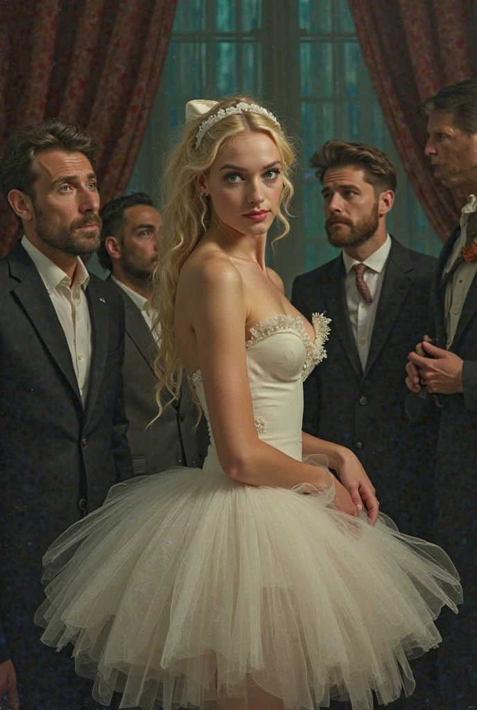 “A young woman with light blonde hair and a delicate, ethereal appearance stands in the center of a crowd. She wears a simple, thin-strapped dress that highlights her slender frame. Her expression is calm yet slightly anxious as multiple hands from the crowd reach out towards her. The crowd is composed of various people, all focused on the young woman. The background is a blurred urban setting, with soft lighting creating a subtle contrast against the girl’s pale skin and light hair.”の裸