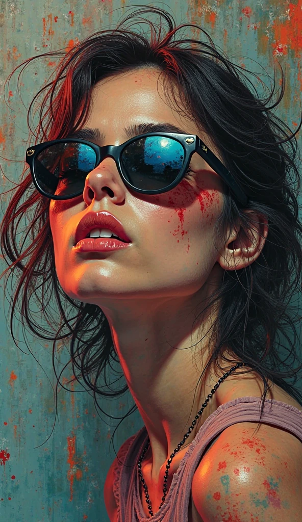  girl wearing sunglasses ,  in dynamic composition ,  subtly artistic casual pose,  airbrushing and graffiti techniques ,  Jose Royo style , Boris Vallejo,  Carne Griffiths , Vadim Kashin, Alyssa Monks, Brian Froud, Mike Deodato ,  atmosphere of darkness and horror , dramatic light, very detailed,  filled with hidden details , hyperrealistic,   wallpaper-style portraits  ,  bold and colorful graphics ,  realistic attention to detail , very detailed and colorful realism, contract, 8 k
