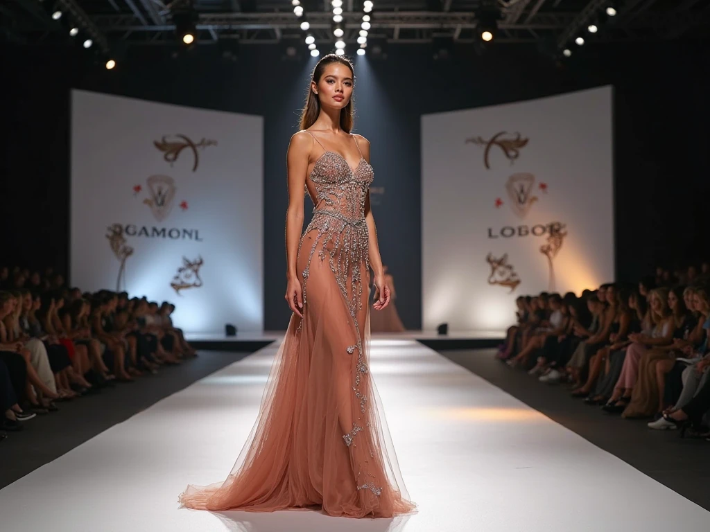 full body, Elegant Runway Model in a Haute Couture Gown, gracefully walking with confidence, surrounded by flashes of paparazzi cameras. Illustrated in a Sticker style inspired by the bold, graphic designs of Gucci and Versace, showcasing vibrant colors and dynamic patterns.