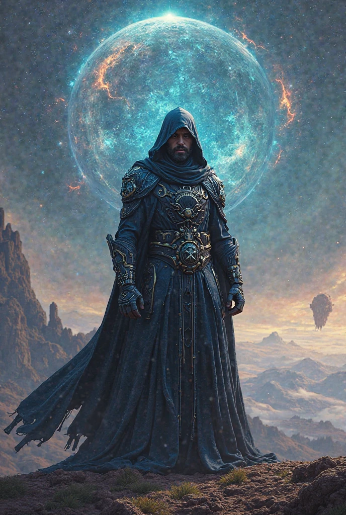 A futurestic wizard standing on a planet with a galaxy background
