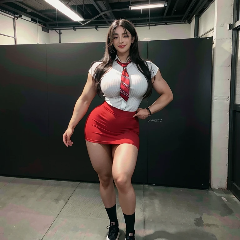 ultra high res, photo, 4k, absurdres, (incredible absurdity), ((masterpiece, best quality)), (wallpaper), (8k hd), ((full body picture)),((gigantic breasts)), ((muscle female)),tall girl:1.4,abs, photo background, skirt, 1girl, solo, necktie, plaid, plaid skirt, black hair, long hair, realistic, red necktie, shirt, hand on hip, cosplay, photo inset, looking at viewer, white shirt, smile, cardigan, red skirt, , long sleeves, standing, brown eyes, collared shirt