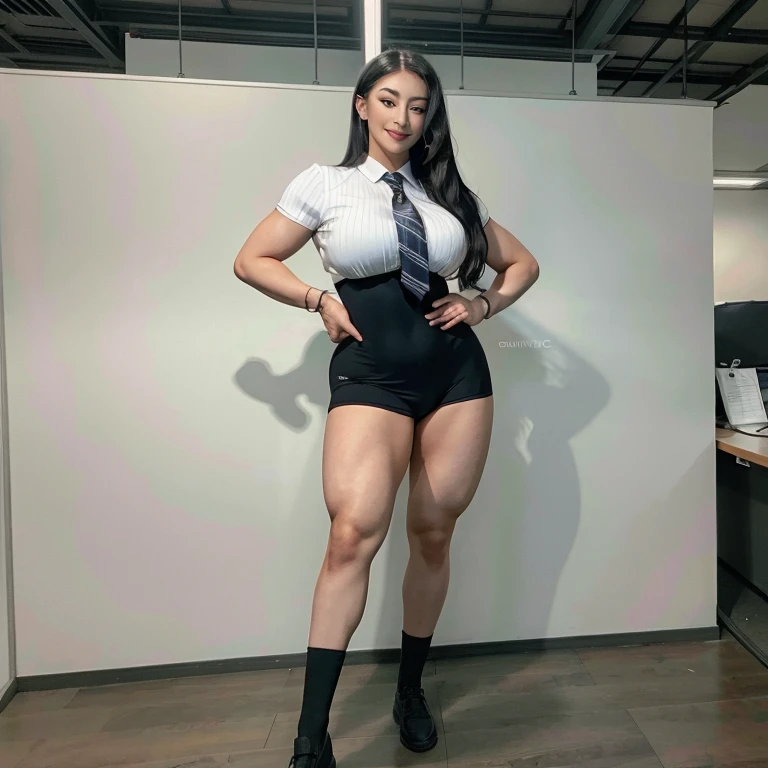 ultra high res, photo, 4k, absurdres, (incredible absurdity), ((masterpiece, best quality)), (wallpaper), (8k hd), ((full body picture)),((gigantic breasts)), ((muscle female)),tall girl:1.4,abs, photo background, skirt, 1girl, solo, necktie, plaid, plaid skirt, black hair, long hair, realistic, red necktie, shirt, hand on hip, cosplay, photo inset, looking at viewer, white shirt, smile, cardigan, red skirt, , long sleeves, standing, brown eyes, collared shirt
