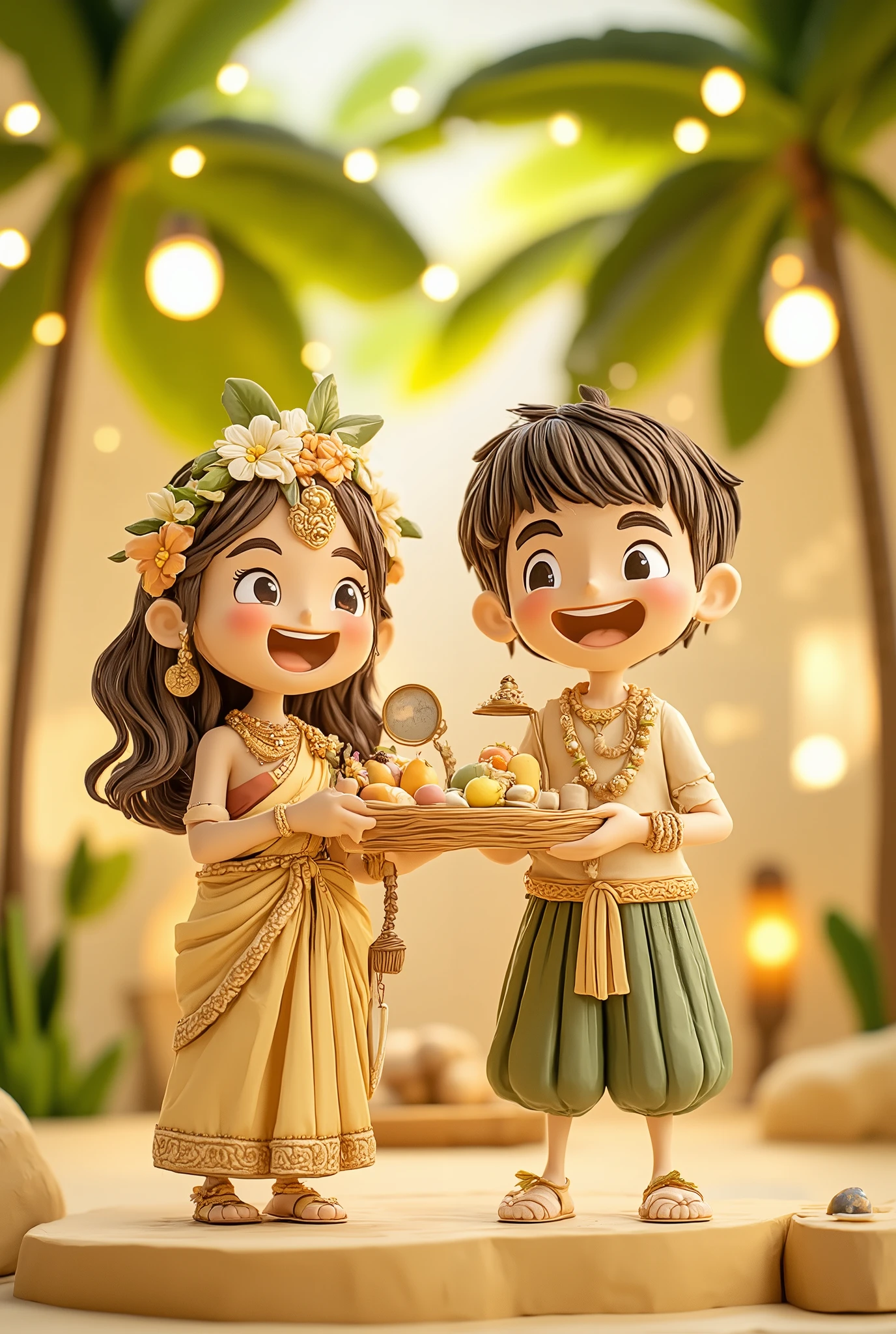 Create a vibrant cartoon-style scene featuring this character celebrating Vishu, the Kerala festival. Show traditional elements like Vishukkani arrangement (with mirror, fruits, flowers, and coins), wearing Kerala-style attire (mundu or set saree), fireworks in the background, and joyful expressions. The setting should be colorful, sunny, and festive, with coconut trees, lamps, and cultural motifs. Comic panel style layout, storybook tone. kishna dress "