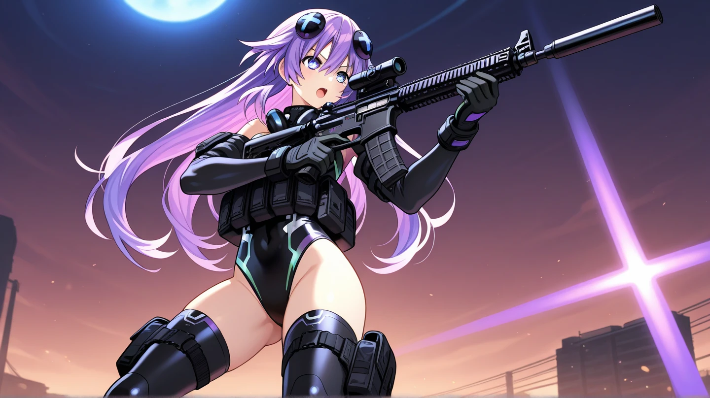 Long purple hair , yellow eyes, sexy, kaiju no. 8 uniform, ready to attack a kaiju, holding a advanced rifle weapon, aiming her weapon, tied hair, cute hairstyle, serious look, gloss lips, sit, sinister, facing away from viewer, tactical gear, tactical boots, tactical gloves, full body shot, beautiful eyes, large breasts, triple D cup breasts, round buttocks, bubbly buttocks, wide hips, bubbly ass, fit and strong, slender body , night, sensual, straigh hair cut, clear skin, evil, young 30 years girl, adult girl, solo, red, very long hair, 
