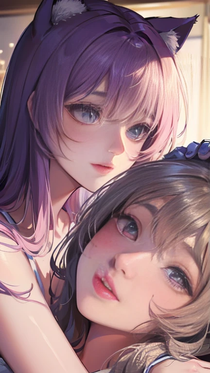 Best Quality,High Resolution,8k,finelity detailed background,Masterpiece:1.2), (2 beautiful girls:1.3). The girl on the left has purple hair, purple eyes, and wears black lingerie. Girl on right has pink hair and pink eyes, wearing gray lingerie, upper body, leaning forward, (Cleavage: 1.2), cute, looking up, sweet, blush, upper body, close-up (close-up of breasts: 1.2), late night, bedroom, on bed, two girls kissing