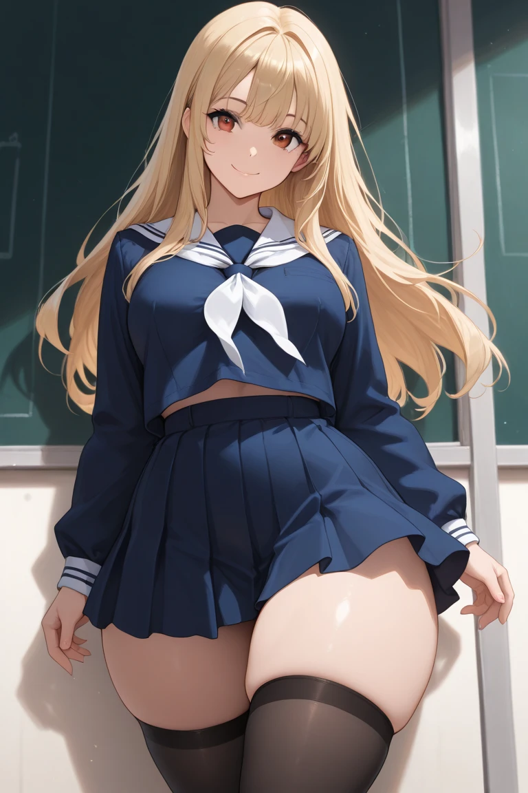 (masterpiece:1.2),best quality,illustration,beautiful detailed girl, bangs, (ahoge:1.24), (long hair:1.20),yellow eyes, (:1.3) 10 yrl wearing shiny (red buruma and gym uniform:1.18) standing by school desk,embarrassed,blush,terrifying,(cowboy shot), (looking at viewer:0.5),(ass focus:1.25),(pussy:0.9),(arms up:1.0),arm on mouth, classroom (gigantic breasts),tight uniform.