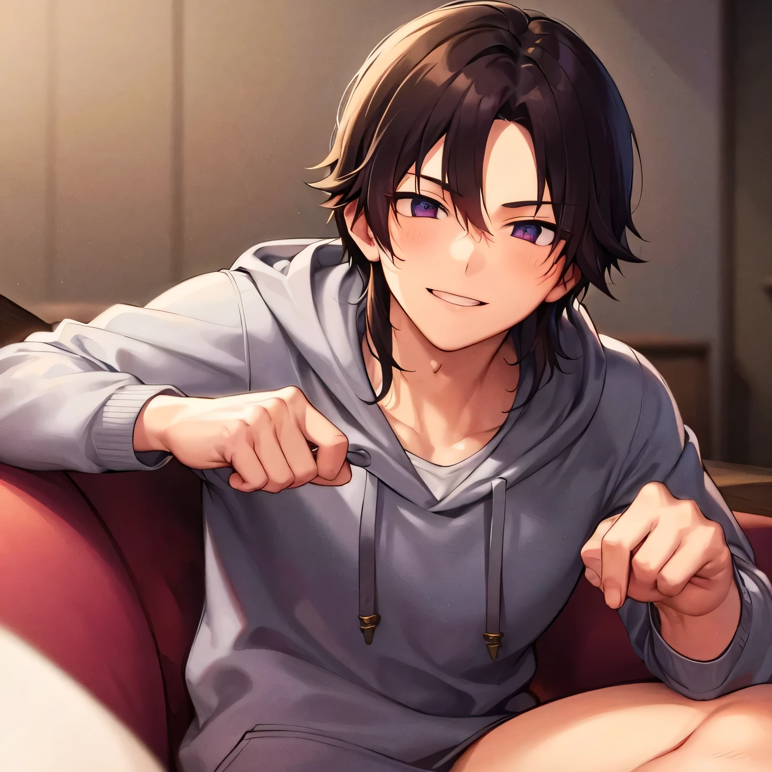 Smooth neck、masterpiece、great quality、high resolution、newest、Super Detail、The most detailed eyes、most detailed face、Most detailed hair、very detailed body、one man、22 years old、manly、Suspicious Smile、hoodie、Sofa