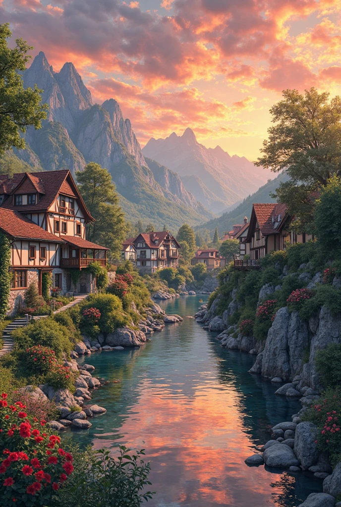 a small village by the river, mountains in the background, floral flowers colorful, detailed landscape, Beautiful natural landscapes, atmospheric lighting, scorching sunset, warm colours, practical, photopractical, Detailed Foliage, complex buildings, cobblestone street, Charming country house, swirly vibrant colors, lush vegetation, Still water reflections, Picturesque, idyllic, work of art, best qualityer, 8k, extremely detaild,anime styling