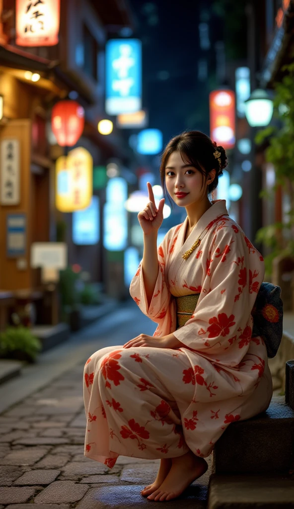 Top quality, bustling night Ikaho Onsen (Gunma Prefecture, Japan) stone steps street, full body shot, height 160cm, bust 80cm (B cup), waist 57cm, ???? 83cm, layered cut, ???? skinned Japanese woman in yukata (wearing tanzen), barefoot and wearing geta, left knee bent back, arms bent, hands clasped, index fingers extended and pointing to both cheeks, head tilted slightly to the right, gold necklace around neck, real tech