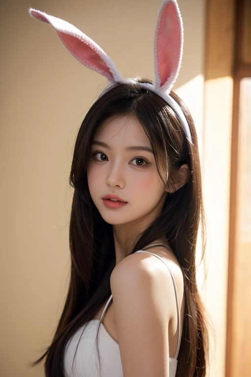 (Raw photo、highest quality)、(Realistic)、(Fake droopy rabbit ears:1.2)、highest quality、masterpiece、Very delicate and beautiful、ighly detailedd、Hmph、Unity、2k wallpaper、detailed、masterpiece、highest quality、Large file size、超detailedな、High resolution、ighly detailedd、One Girl、Voluptuous body、(Inside the animal cage),(Lace nightgown:1.1)、Porcelain-like skin、(Brown long hair、See-through bangs)、Seeing the viewer、 extra detailedd face, extremely detailedd eye, smile, rain ,