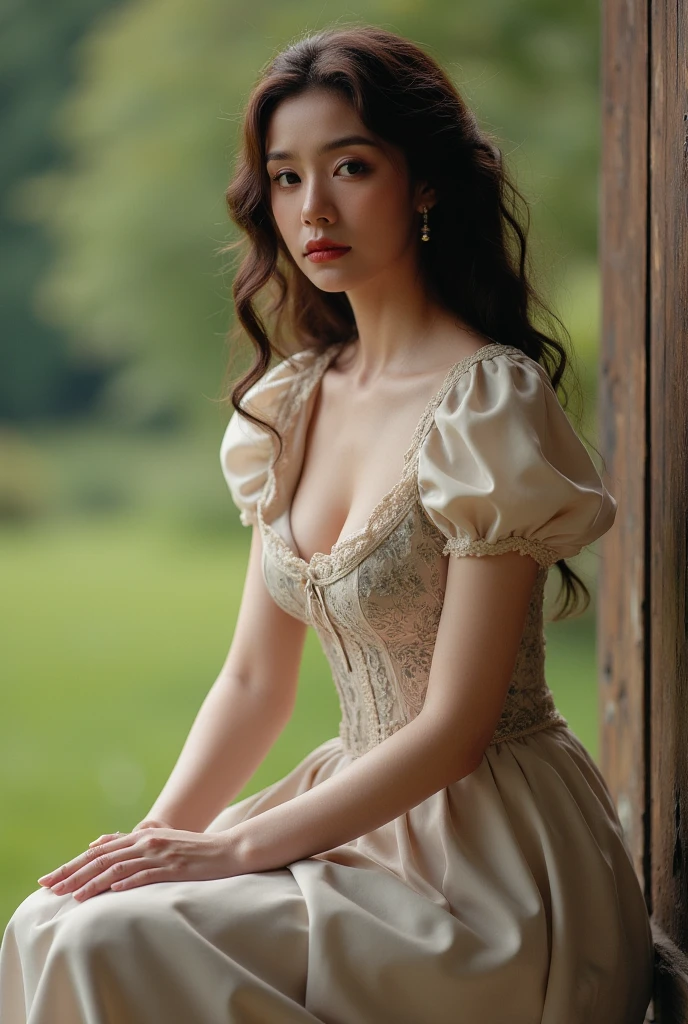 brunette girl with curly hair and ??????????? sits with her legs extended without a label, who lived around 1850。