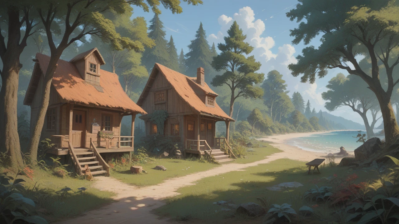 A forest town where by everything is surrounded by nature and trees in a topical landscape with a beach 