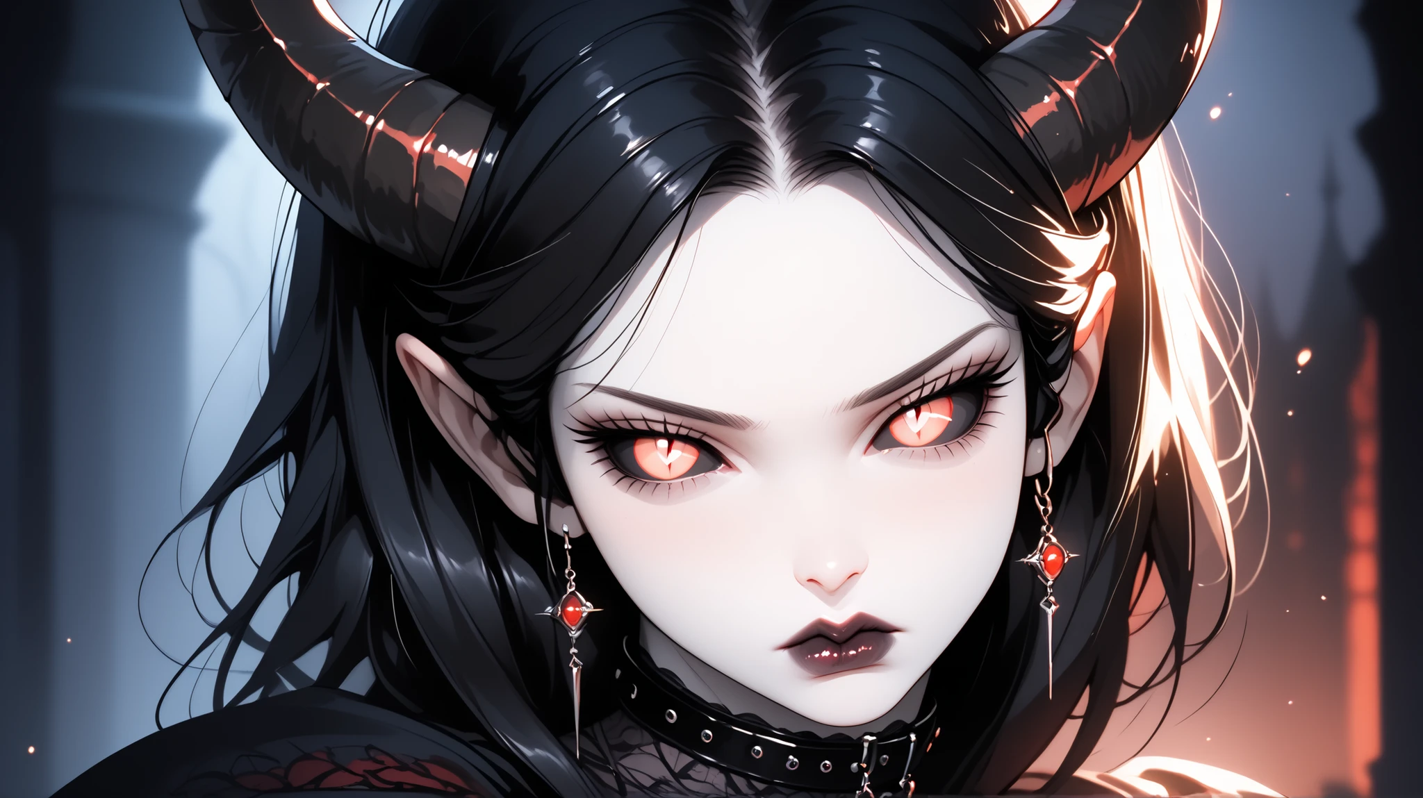 score_9, score_8_up, score_7_up, score_6_up, score_5_up, ((( beautiful, high quality))), portrait, score_9, score_8_up, score_7_up, sadness, darkness, black sclera, slit pupils, tiefling, black curved horns, vampire eyes, pale skin, black hair, armor, dark background , blurred background, Gothic, posing, at night, realistic natural light, большой , beautiful detailed lips, long lashes , good anatomy, seductive look, black clothes, mantle, collar, dark fantasy, 8 k, Photorealistic threads
