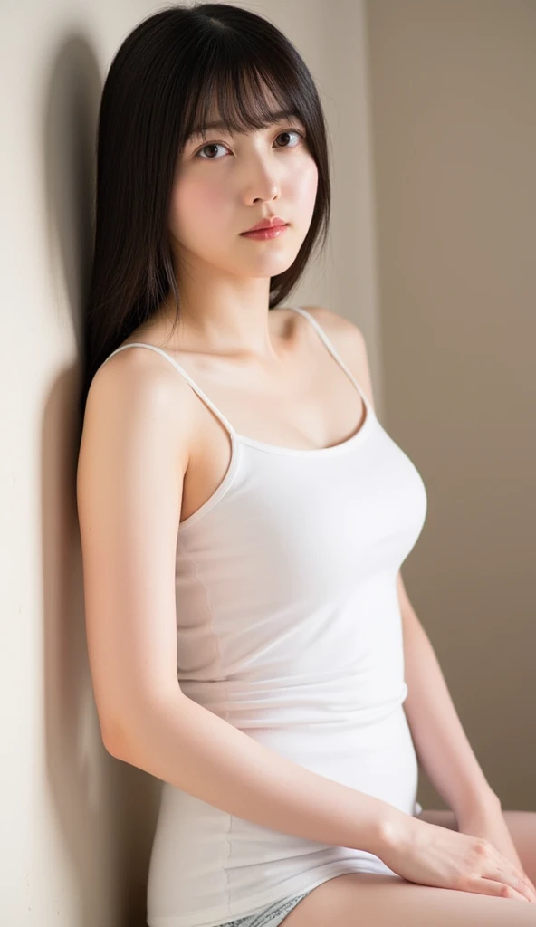 Beautiful 18 years old girl, perfect body, medium breast, medium hair, white tanktop, candid pose,