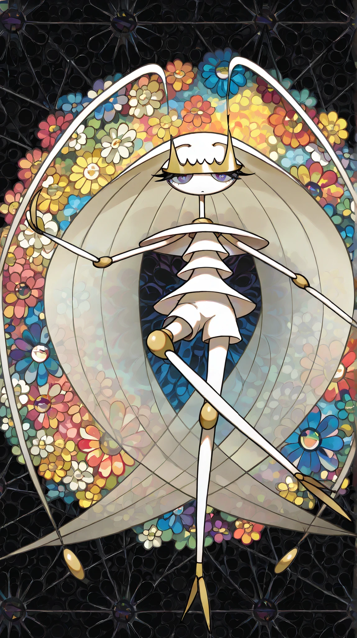 (in style of Takashi Murakami:1.0), beatiful face, feet,best quality,tonemapping, sharp focus, hyper detailed,(pheromosa),best quality,beautiful,pokemon,(2 fingers),(Clear eyes),solo,detaileds,8K,(slender:1.3),wallpaper,jumping kick,(Colorful flowers on black background:1.4), (pheromosa:1.0), intricate digital painting, highly intricate and colorful, dark but detailed digital art, Highly detailed symmetry, detailed digital artwork, Symmetrical intricate details, plethora of colors,colorful intricate masterpiece,(kaleidoscopic:1.1),(Geometric pattern background)、Sticker style,flower painted body