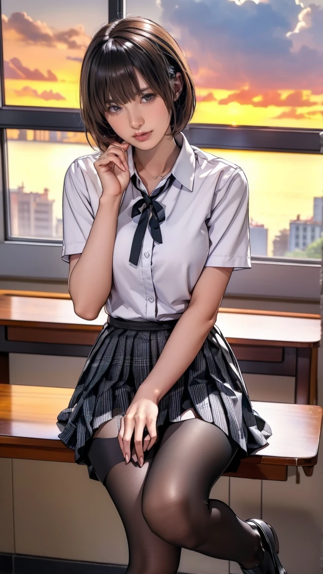 Best quality, masterpiece, ultra high res, (photorealistic:1.4), raw photo, 1girl, yamada anna, mature, she wear white shirt and dark blue short skirt, high school girl clothes, sitting between the table and the bench with legs crossed on the left side, cinematic lightning , smile, happy expression face, large breast, H cup breast size, brown eyes, dark blue long hair, eyelashes are thicker and fuller