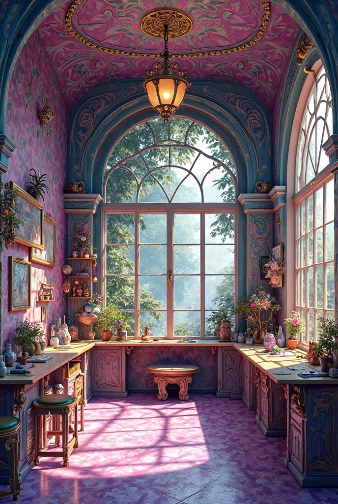 A vertical section for a art room 
Using the Art Nouveau style and the colors of the Repanzel cartoon without putting Repunzel