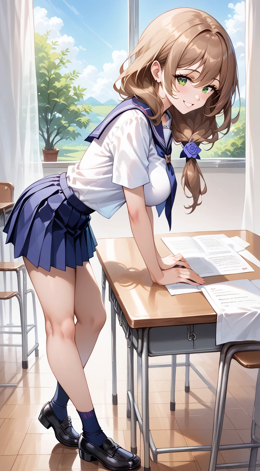 (((((1girl))))), (((best quality))), ((((masterpiece)))), ((ultra-detailed)), (illustration), (detailed light), (an extremely delicate and beautiful), (beautiful detailed eyes), (sunlight), ((extremely light)),
((((school blazer and a pleated skirt)))),
school girl,
wavy medium hair, (((dark brown hair))), (((long hair))),
(((deep orange eyes))),
((whole body)), aged 14 to 17,
diamond, beautiful, ((extra elegant)), (((condescending expression))), (sexually mischievous smile), (((extra adorable))), (((extra slender shape))),
(((all fours on the sofa))),
(((exposed pale pink panties))),
(((extraordinarily thin thighs))),
(((mat white ankle socks))),