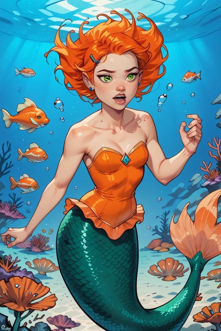 jamesdaly artstyle, little mermaid, red hair, long hair, mermaid, mermaid tail, underwater, masterpiece, detailed
