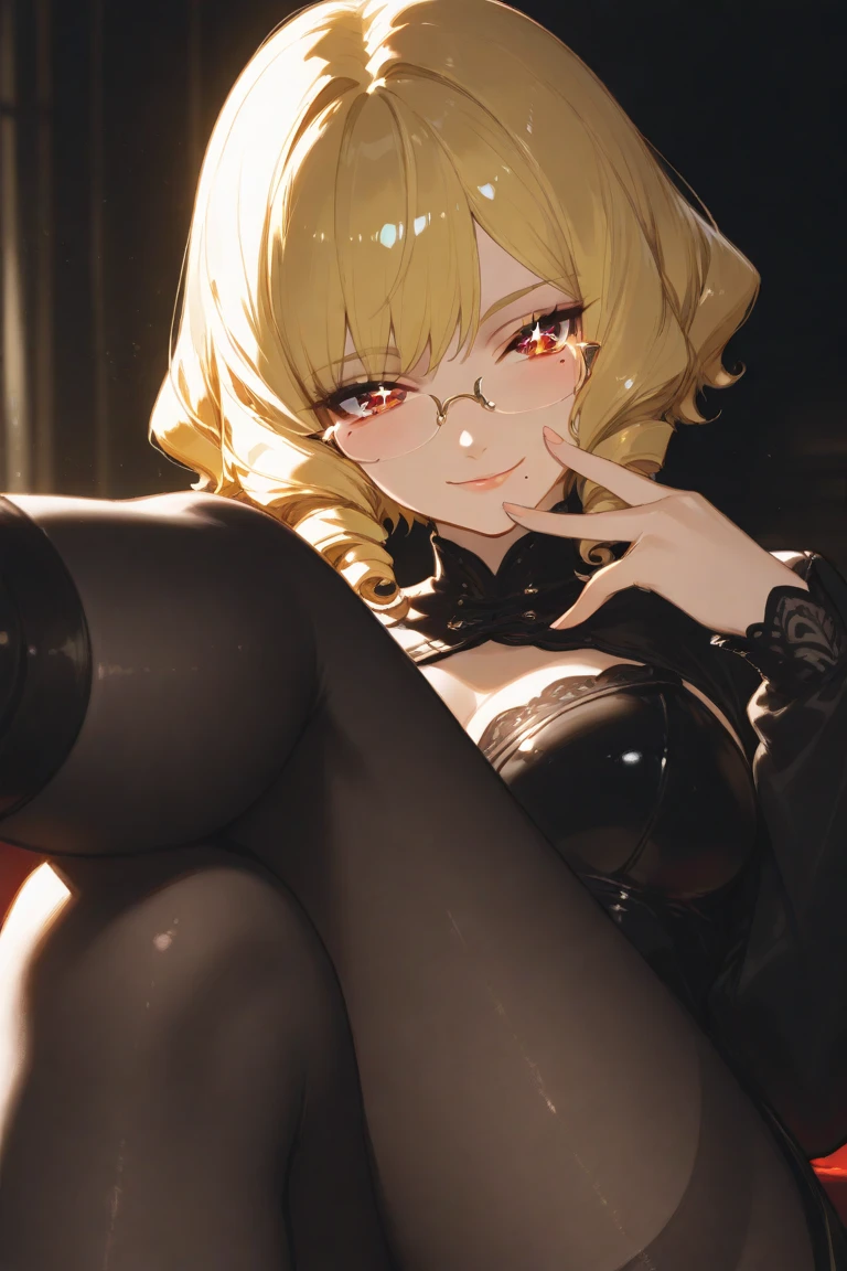 fishnet stocking, short hair curly, blonde, green eyes, glasses, shocker, wedding