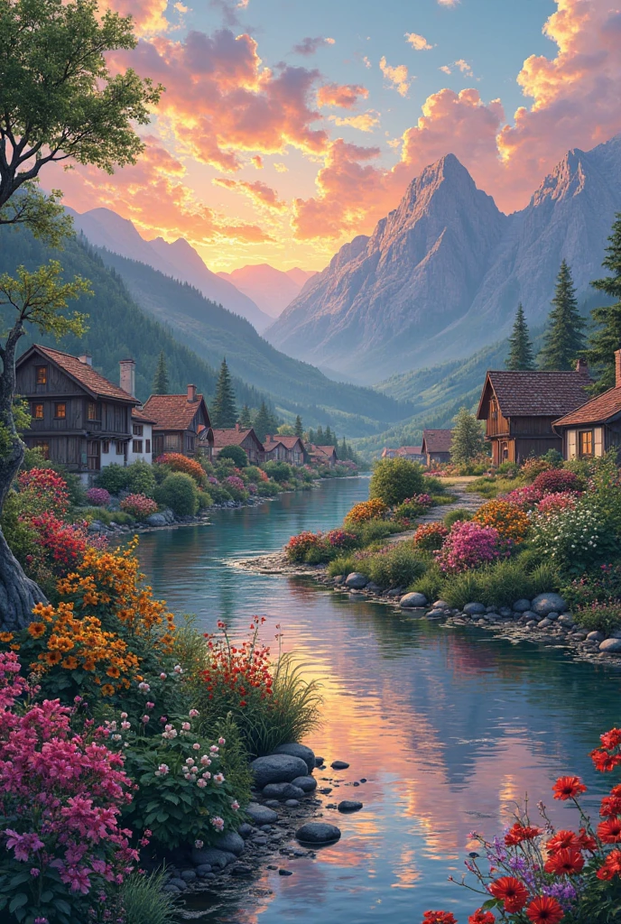 A small village by the river, color of the mountain in the background, colorful flower flowers, detailed landscape, beautiful natural scenery, atmospheric lighting, scorching sunset, warm colors, Practical, фотоPractical, detailed foliage, complex buildings, paved street, charming country house, swirl bright colors, lush vegetation, reflections on water, picturesque, idyllic, artwork, the best quality, 8k, very detailed, anime styling