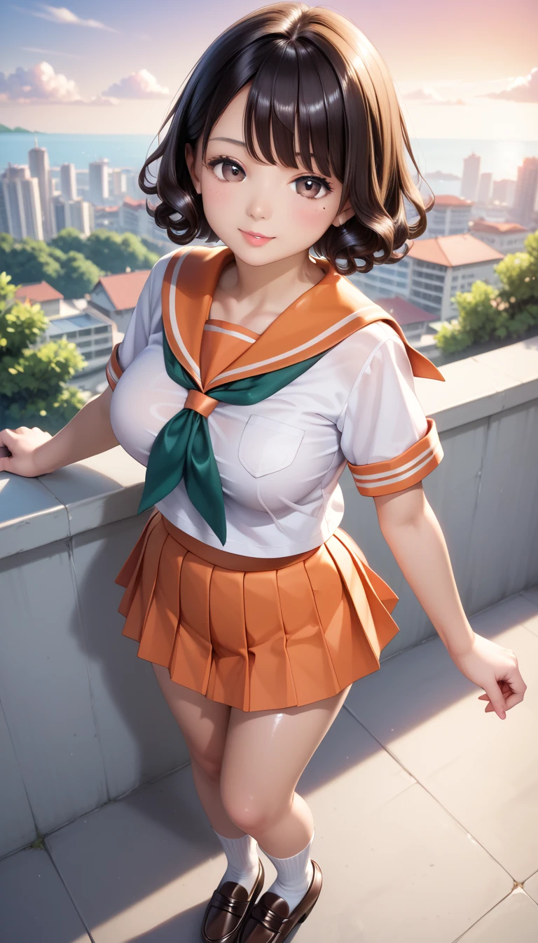 (((perfect , anatomically correct, super detailed skin))), 1 girl, japanese, high school girl, shiny skin, watching the viewer, 
beautiful hair, beautiful face, beautiful detailed eyes, (short hair:1.2),  red curly hair:1, brown eyes, babyface, mole under eye, 
beautiful clavicle, beautiful body, beautiful , large :0.5, beautiful thighs, beautiful legs, 
((short sleeves, all orange cute sailor suit, orange pleated skirt, orange sailor collar, green sailor scarf, socks, brown loafers)),  thighs, , 

(beautiful scenery), summer, school rooftop, building, chain-link fence, 
8k, top quality, masterpiece​:1.2, extremely detailed), (photorealistic), beautiful illustration, 

standing with her back to the camera, head turned to look over her shoulder.