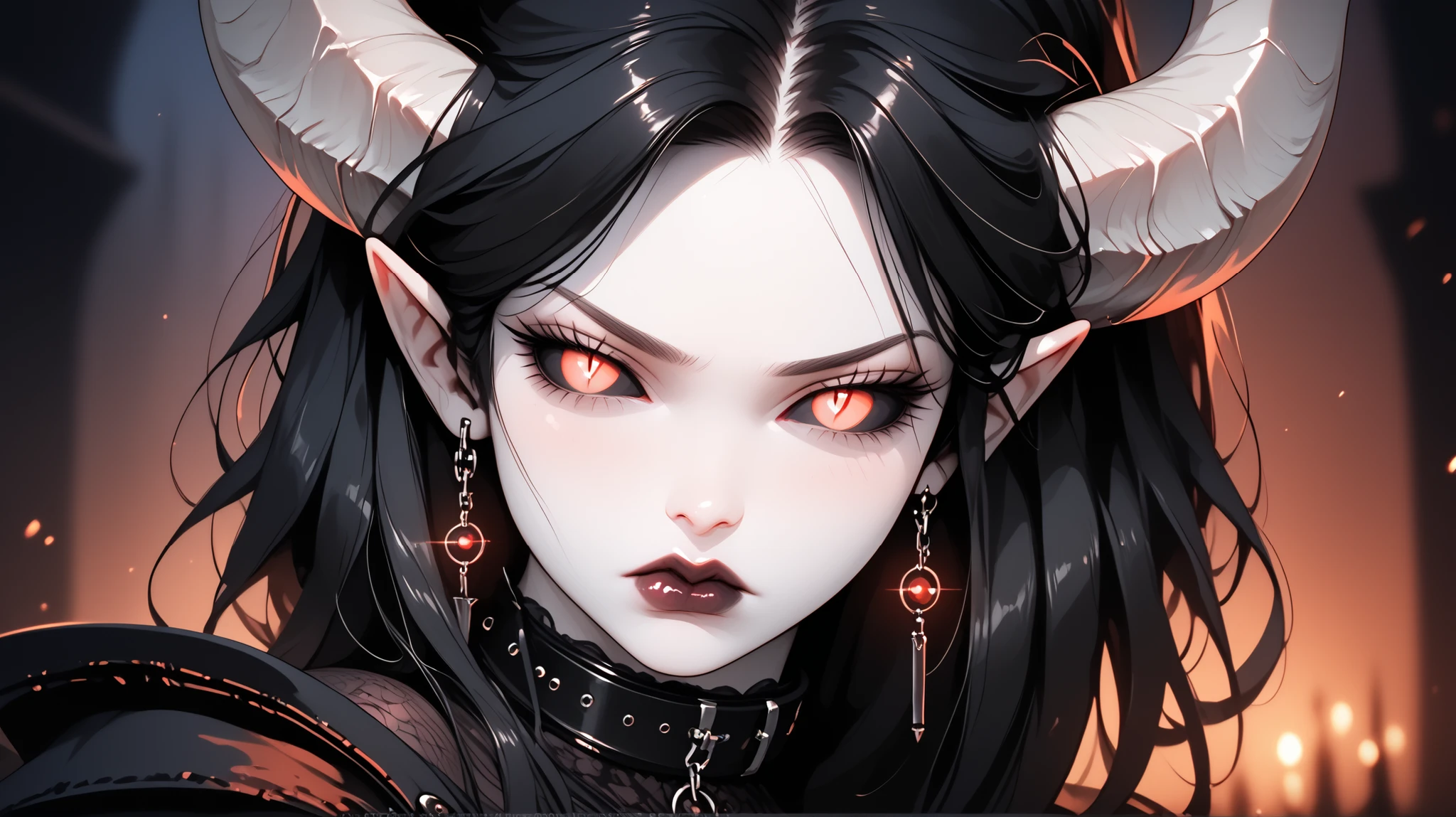 score_9, score_8_up, score_7_up, score_6_up, score_5_up, ((( beautiful, high quality))), portrait, score_9, score_8_up, score_7_up, sadness, darkness, black sclera, slit pupils, tiefling, black curved horns, vampire eyes, pale skin, black hair, armor, dark background , blurred background, Gothic, posing, at night, realistic natural light, большой , beautiful detailed lips, long lashes , good anatomy, seductive look, black clothes, mantle, collar, dark fantasy, 8 k, Photorealistic threads