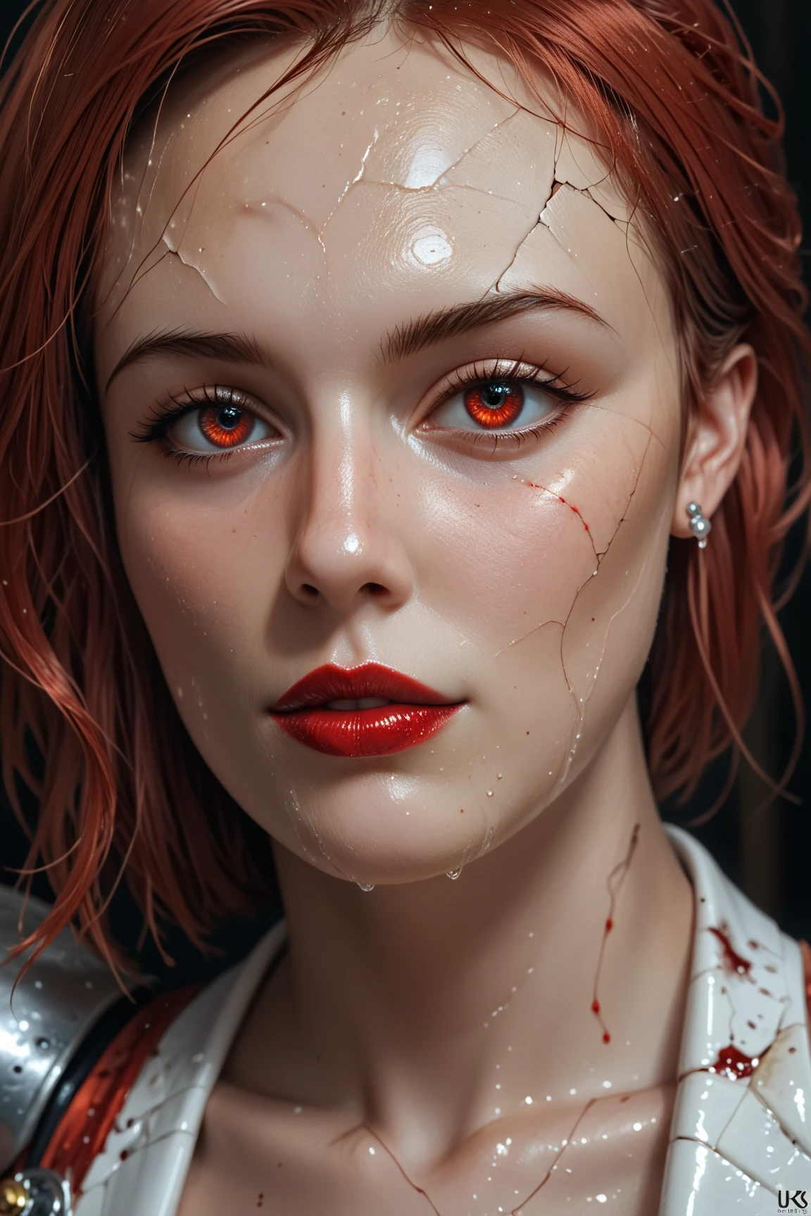 Beautiful cinematic impressionistic painting, Dark dramatic character, in the style of Jeremy Mann and Charles Dana Gibson, Mark Demsteader, Paul Hedley. In the eerie atmosphere of neo-noir portrait photography, you will see a nightmarish android that simultaneously fascinates and disturbs the viewer.This meticulously crafted Android exudes a charming presence with its metal body adorned with smooth obsidian and blood red accents. Cold, calculating eyes pierce the darkness, and his fake skin, cracked and flaking, hints at the passage of time and the horrors he has witnessed.The scene is captured with exceptional precision, every shadow and reflection carefully composed, demonstrating the depth and richness of the image.