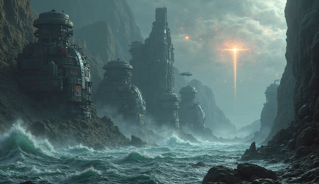 A breathtaking, photorealistic scene set deep within Earth’s vast oceans and hidden bunkers. The scene begins with the ocean itself splitting apart, as gargantuan, ancient warships—sleek yet worn by centuries of slumber—emerge from the depths. Massive steel hulls and towering energy shields break the surface, sending towering waves cascading in all directions. These ships are unlike anything modern humans have ever seen, with designs that blend organic curves and mechanical precision, as though they were crafted by a long-forgotten civilization.

In the background, massive underground silos and bunkers begin to rumble and shake, revealing colossal war machines—dreadnoughts, airships, and enormous battle mechs—hidden beneath Earth’s surface for eons. These weapons rise from deep within the planet’s crust, shaking off centuries of dust and corrosion as they power up with a pulse of ancient energy. The silence of the deep is shattered by their awakening.

The mood is tense and awe-inspiring. The once-forgotten arsenal comes to life as hidden military bases across the planet activate, their long-dormant systems lighting up with vivid blue, red, and green hues. Military personnel, from generals to ground soldiers, watch with astonishment and fear as the machines of war—thought to be relics of a past era—now hum with terrifying life.

Above, the sky is darkened with the alien fleet that looms overhead, unaware of the force that’s about to be unleashed from beneath their feet. The earth cracks open, revealing these titanic weapons, and the calm before the storm gives way to an unstoppable wave of power. Humanity’s hidden legacy, long thought lost, rises to defend the planet.

The scene is filled with glowing energy pulses, steam rising from the warships as they emerge, and sparks of old-tech lighting up the dark sky above. The lighting is dramatic, with a mixture of oceanic blues, harsh reds from the ships’ activation, and the fiery glow of distant alien craft in the atmos