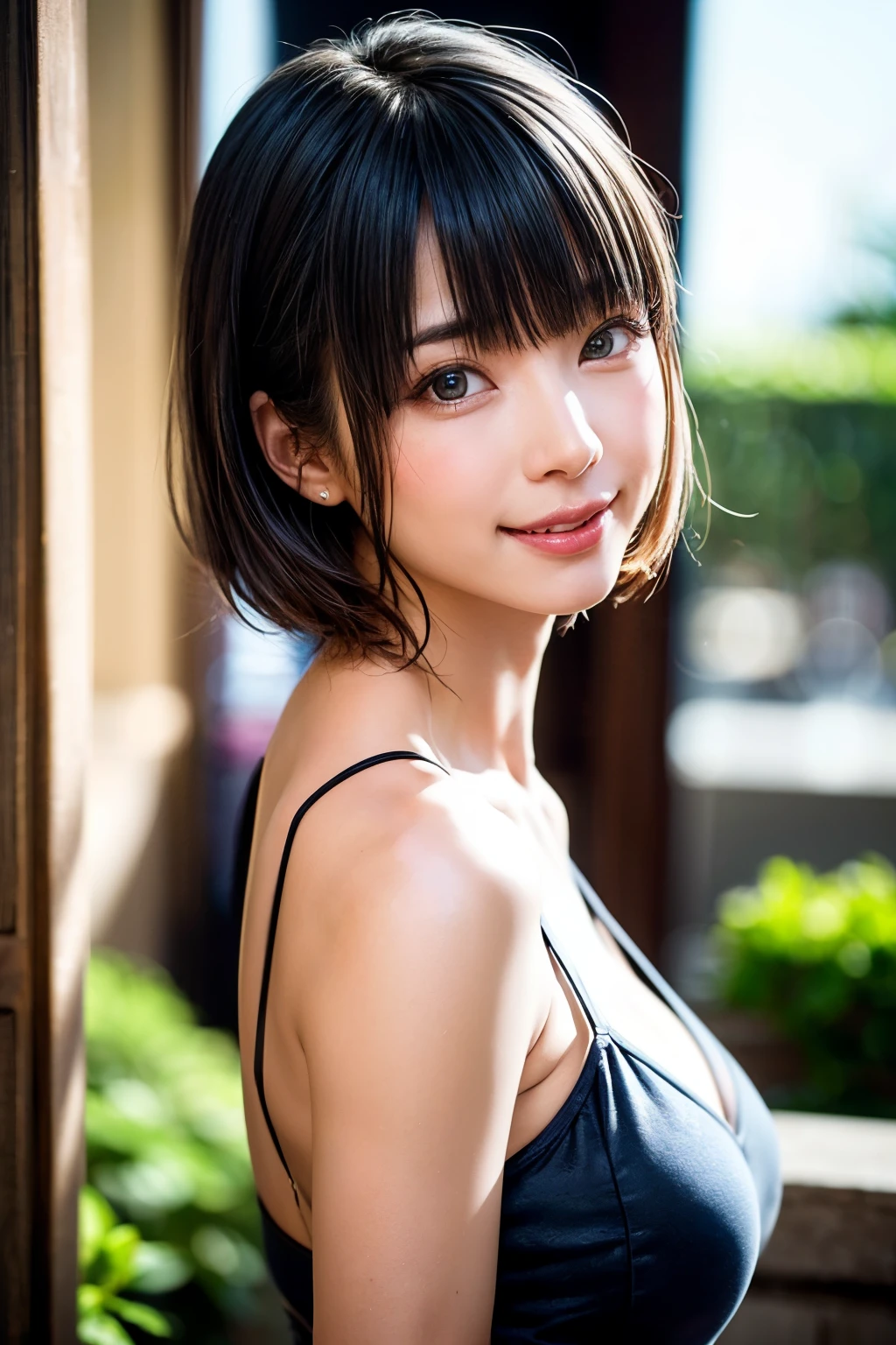 (table top, highest quality、ultra high resolution、face focus focus、focus on the sides、navel focus、decolletage focus、very attractive beauty、Adds intense highlights to the eyes、look closely at the camera:1.4、Absolutely beautiful bangs:1.4、Brunette short bob hair with bangs:1.4),1 girl, Report, black haired, realistic, looking at the viewer, pale black eyes, short hair, lips, lip gloss, Upper body、Big eyes、eyelash)、((italian natural background、hyper real stick:1.4))、((short hair with bangs:1.4、Beautiful bangs with 46 points:1.4、{Huge|big|Hugeな|mega} chest, cleavage、Big eyes、Give your students very powerful highlights、very bigger chest、look at the audience、very beautiful beauty、show me your ears、beautiful long neck、beautiful decolletage、smile、A smilee beautiful teeth、Open your mouth and smilee))、28 years old、very cute super model