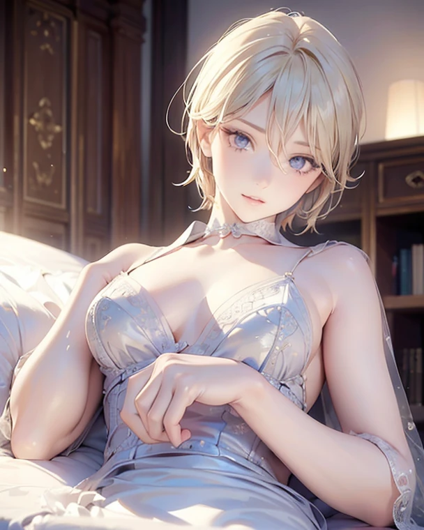 National Science Foundation,masterpiece,High resolution,8K,Art,digit,Three-dimensional,Realism,Kyoto Animation Style,your name movie style,looking into camera,Soft Light,Glowing skin,(1 female: 1.3),(alone: 1.4),(((blonde))),((Gorgeous French lace bra and briefs)),(crystal hairpin),(small crystal necklace),(crystal small earrings),(crystal bracelet),(Crystal ring),Long eyelashes,Slender legs,Short Bob,Close-up of upper body,Close-up,close view,in the bedroom,Lying in bed,(Eyes as deep as the starry sky),(Shut up),(blush),(shy),(lovely and delicate),(((feel sad)))