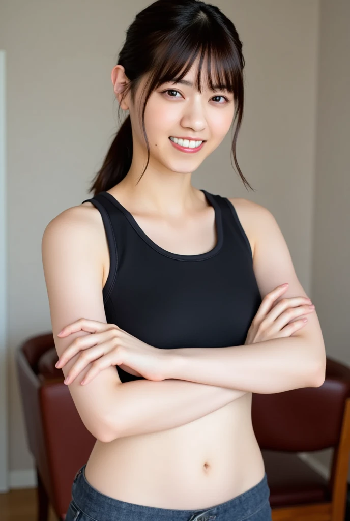 upper body, flat chest, (arms behind back:1.1), make up, sport-bra, smile, long hair
