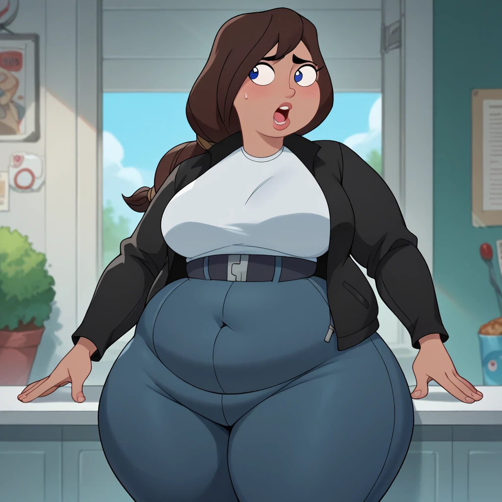 "Voluptuous and seductive brunette bombshell, weighing upwards of 10,000 pound, highly immobile sitting on a couch eating a party size buffet, extremely plump, big stomach, bloated, full body portrait of a short!, fullbody commission for, obese, body swelling about to explode, bloated, cell shaded!!! flaunting her curves in a stunning ensemble of sleek black leather capri pants, a button-up sweater that accentuates her assets, and teetering on toeless high heels."