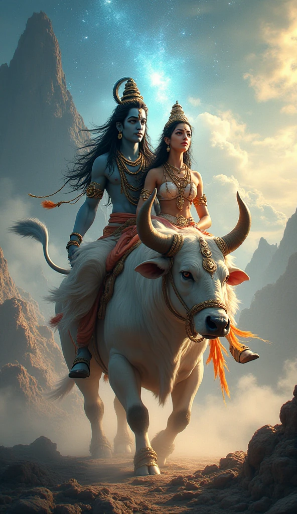 Mascular light blue skin tone Lord Shiva (with trishul and damru) and fair skined Maa Parvati riding a big masculer ox, mount kailash in the background, dark blue tone night sky with a touch of mystery.