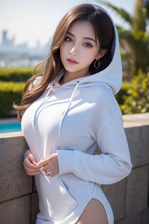 highest quality、4K、Perfect Face、Perfect Style、Sunburn、long curly layer hair, beautiful、stylish appeal、Mature、Swept-back hair、beautiful abs, full body,gorgeous lady, smile,white hoodie, beige cap,wearing sneakers,in the park,evening(From below:1.2), (Realistic:1.2), (Ultra-realistic:1.3), (very detailed:1.1), ((masterpiece)),sexy,detailed