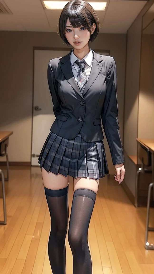 (8K, top-quality, masterpiece: 1.2), (realistic, Photorealistic: 1.2), Intelligent secretary with a curvaceous figure, wearing a well-tailored business suit, (Busty: 1.5), (Elegant posture: 1.3), Sitting at a desk, (Beautifully detailed eyes: 1.5), (Blonde hair: 1), (short hair: 1.1), Wearing glasses with a professional look, (Her suit jacket and shirts are buttoned:1.5), (Polished shoes: 1.1), (Detailed suit fabric: 1.0), gigantic breasts, thigh high stockings, (necktie:1.5), (middle skirt:1.5)