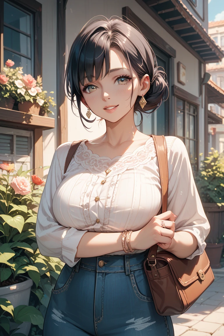 A girl in a garden,feeling the summer sunshine,with black hair,ponytail and wearing a miniskirt,standing with her legs apart,leaning forward,placing both hands on a hydrant. (best quality,4k,8k,highres,masterpiece:1.2),ultra-detailed,(realistic,photorealistic,photo-realistic:1.37),illustration,beautiful detailed eyes,beautiful detailed lips,extremely detailed eyes and face,long eyelashes, cheerful expression, vibrant colors,soft sunlight,Open-chested clothing