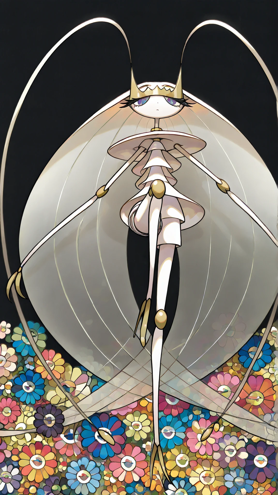 (in style of Takashi Murakami:1.0), beatiful face, feet,best quality,tonemapping, sharp focus, hyper detailed,(pheromosa),best quality,beautiful,pokemon,(2 fingers),(Clear eyes),solo,detaileds,8K,(slender:1.3),wallpaper,jumping kick,(Colorful flowers on black background:1.4), (pheromosa:1.0), intricate digital painting, highly intricate and colorful, dark but detailed digital art, Highly detailed symmetry, detailed digital artwork, Symmetrical intricate details, plethora of colors,colorful intricate masterpiece,(kaleidoscopic:1.1),(Geometric pattern background)、Sticker style,flower painted body