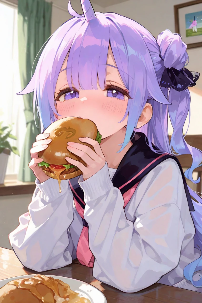 1个Giant Breast Girl,grey long hair,Fuchsia eyes,Wavy hairstyles,dual horsetail,校服,Eating junk food