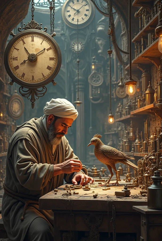 old work shop filled wit gears, levers and water clock a Muslim scientist from the year 1225 making a mechanical bird animated