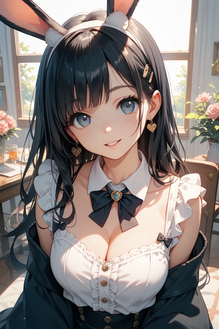 masterpiece, highest quality, One Girl, Thighs, beautiful girl, Flowers, たくさんの小さなflower, flower、Narrow waist, RAWphotograph,Bright lighting、Face Light, Ultra-realistic, High resolution, photograph, Sharp focus, Highly detailed eyes and face,Symmetrical face, whole body、Big Breasts、Long Hair、チラリと見えるThighs、Emphasized cleavage、Her hair was tied with a big red ribbon..、White high heels、White knit、White Micro Mini Skirt、Embarrassing、smile、Happy smile、Leaning forward、peek、