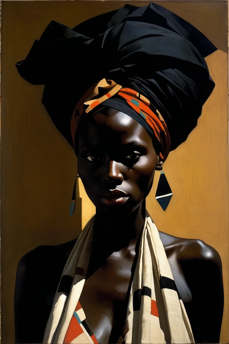  Page de style d &#39;Euan Uglow,p1c4ss0,portrait d'une femme africaine très noire avec un foulard sur la tête, une poitrine opulente, soutien-gorge focus, Un paradoxe optique:1.2 se déplie comme un éventail:1.1 Volez dans le ciel éternel:1.2, se concentrer sur la poitrine lourde,  avec de belles fesses qui est venue faire du shopping dans un centre commercial, leurs échelles reflétant les subtilités de la tessellation:1.1,un clin d&#39;œil à l &#39;obsession de l &#39;artiste:1.2,